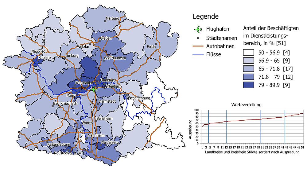 Anteil der Beschäftigten im Dienstleistungsbereich (Quelle: Statistik der Bundesagentur für Arbeit 2017. GeoBasis-DE / BKG 2017, Karte erstellt mit QGIS)