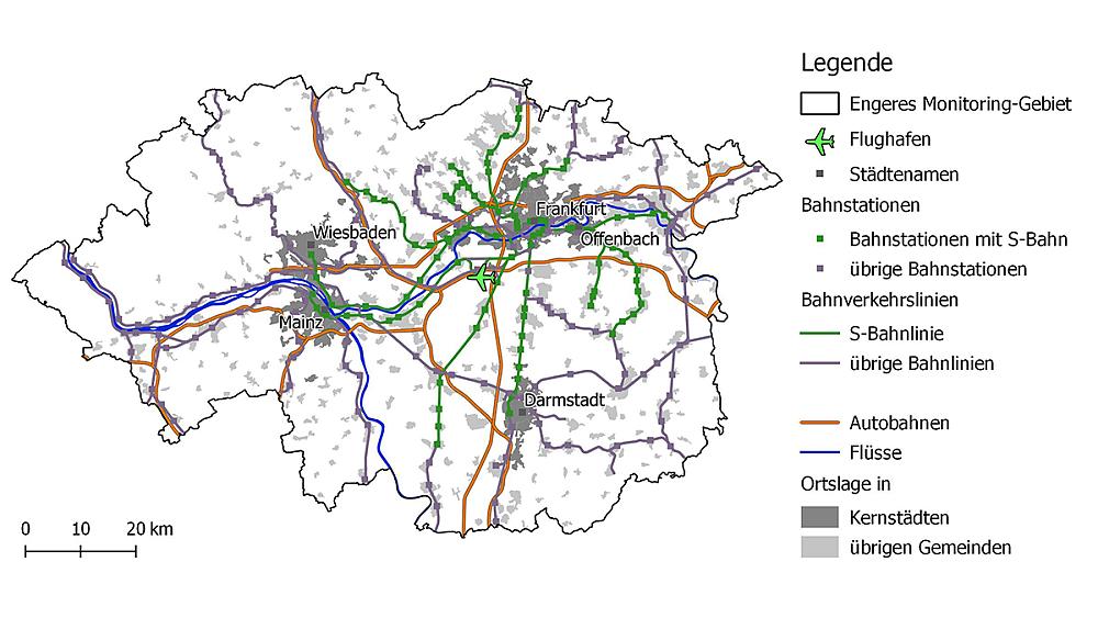 Siedlungsstruktur sowie Bahn- und Autobahnanbindung (Quelle: DLM 250, eigene Bearbeitung. GeoBasis-DE / BKG 2017, Karte erstellt mit QGIS)