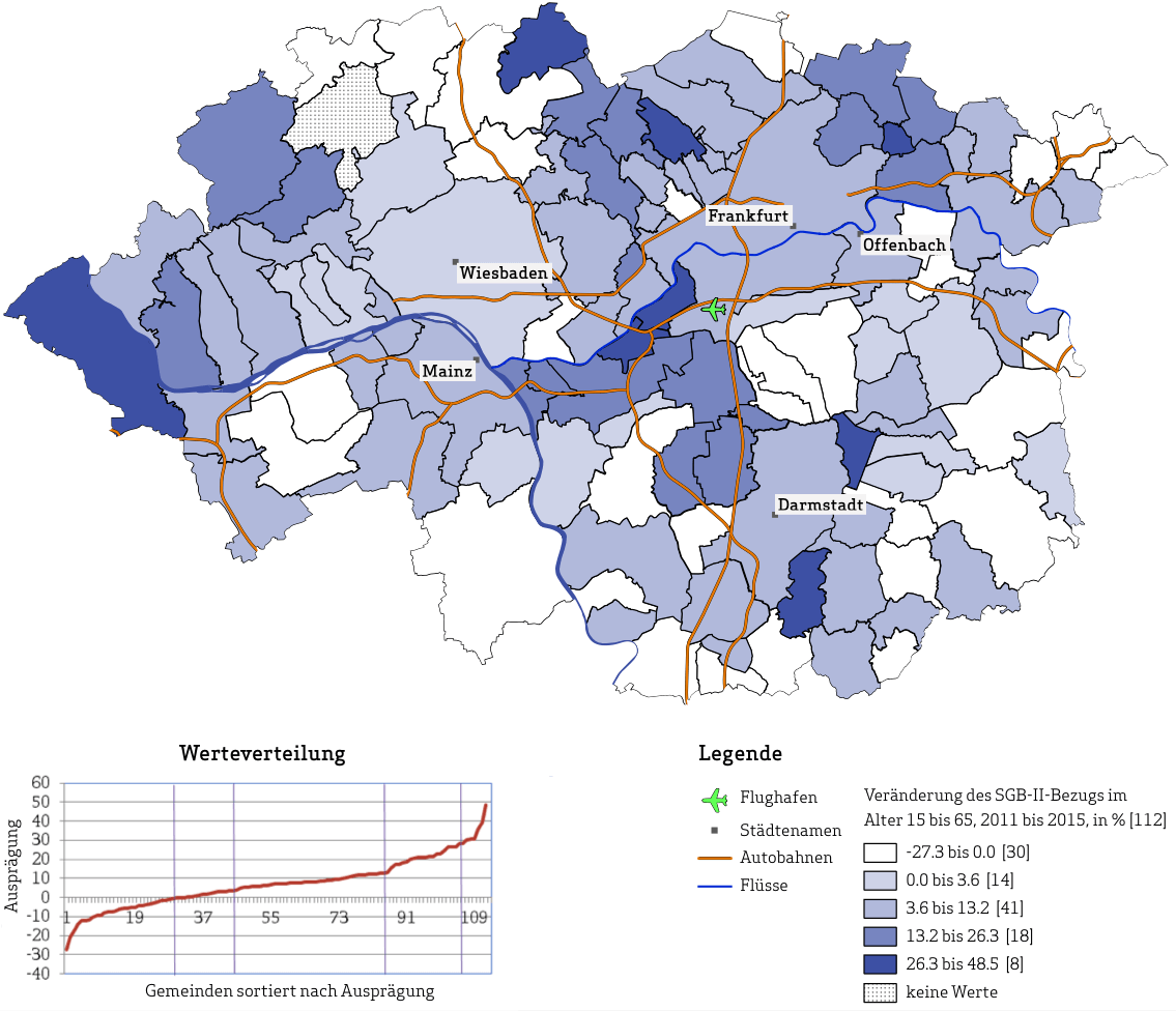 Karte 2: Leistungsberechtigte nach SGB II im Alter von 15 bis 65 – Veränderung 2011 bis 2015 in Prozent (Quelle: Karten Leistungsberechtigte und Kinder in Bedarfsgemeinschaften: Statistik der Bundesagentur für Arbeit 2017, eigene Berechnungen. Geodaten: GeoBasis-DE/BKG 2017, Karte erstellt mit QGIS)